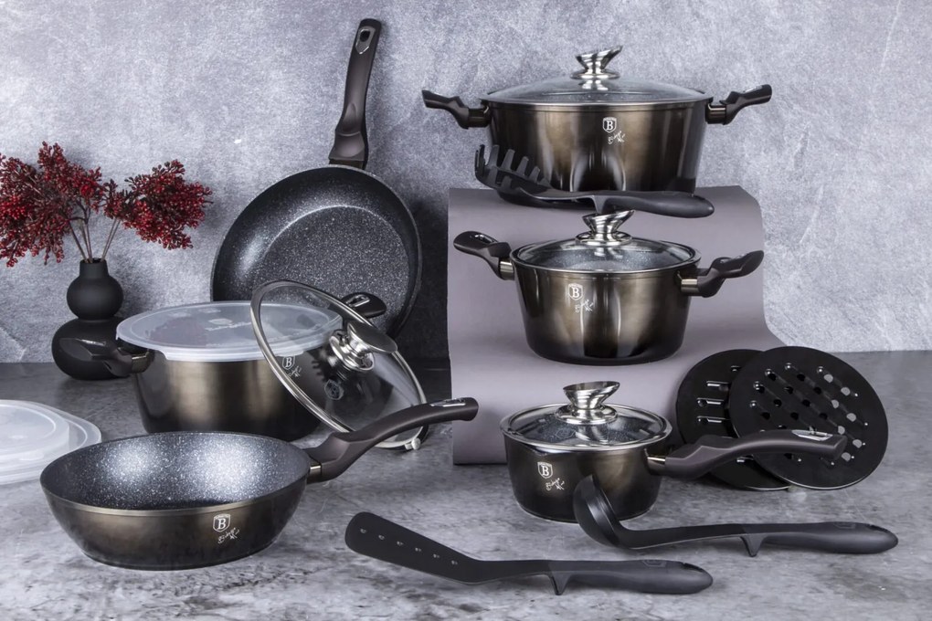 Set oale si tigai marmorate cu capace, antiaderente, 18 piese Shiny Black Berlinger Haus BH 6614, functioneaza si pe inductie