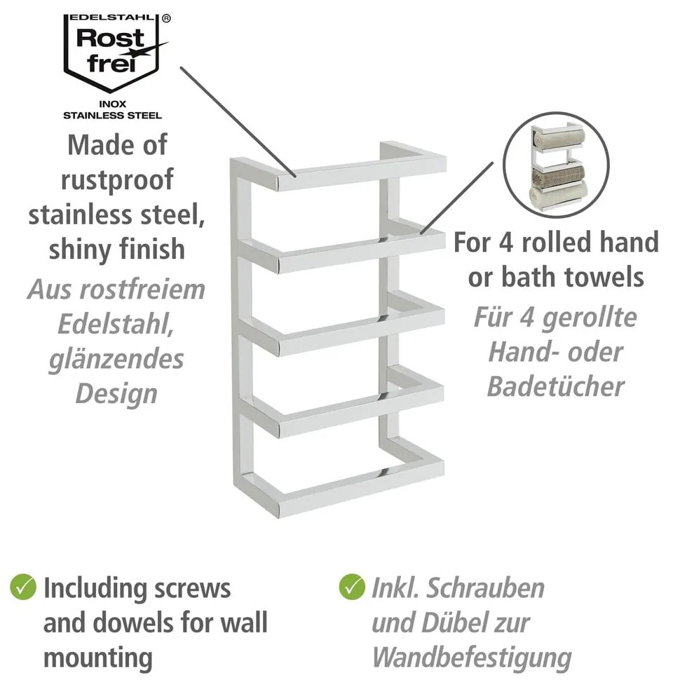 Suport pentru prosoape argintiu lucios de montat pe perete din oțel inoxidabil Fondiro – Wenko