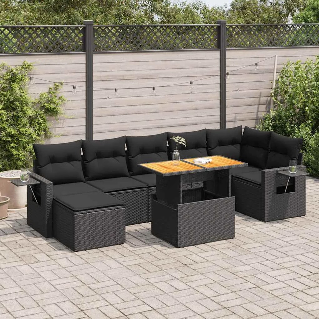 3327177 vidaXL Set mobilier de grădină cu perne, 8 piese, negru, poliratan