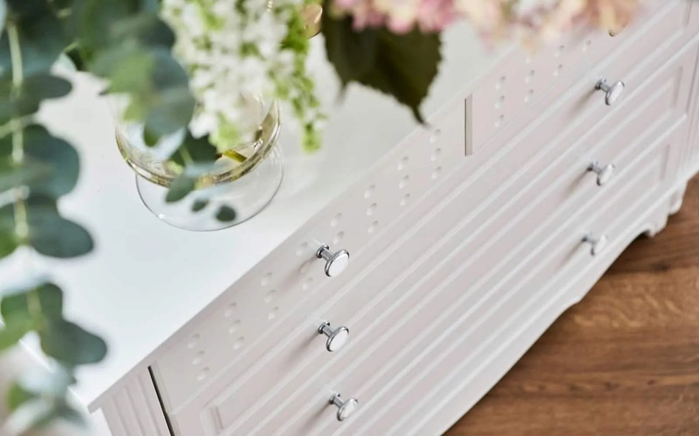 Comodă lemn masiv alb Elizabeth 5 Sertare, 100 × 46 × 75 cm