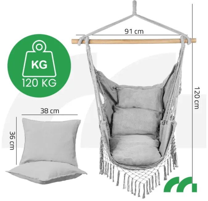 ShopJK SCAUN SUSPENDAT GRI DESCHIS XXL BRAZILIAN + 2X PERNĂ