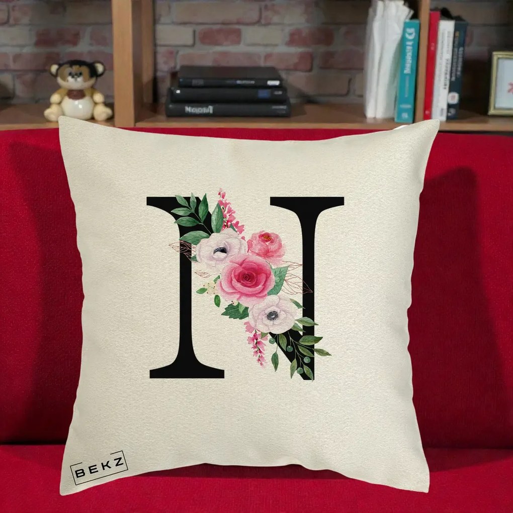 Cadou Personalizat - Perna Personalizata Monograma Florala Litera N, 40x40 cm, Ecru, Husa Detasabila, Perna Inclusa, BEKZ®