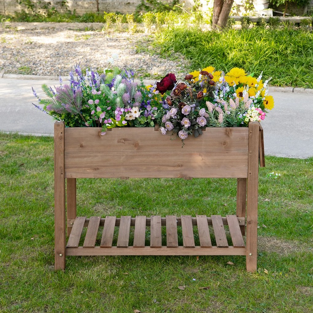 Outsunny Jardinieră Supraînălțată din Lemn | Grădinărit cu Raft Pliabil și Spațiu de Depozitare | 123x54x74 cm Maro | Aosom Romania