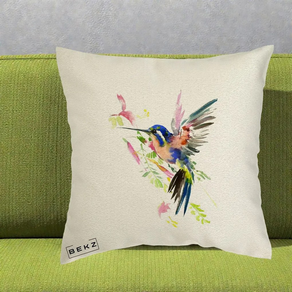 Perna Decorativa Colibri Acuarela, 40x40 cm, Ecru, Husa Detasabila, Perna Inclusa, BEKZ®