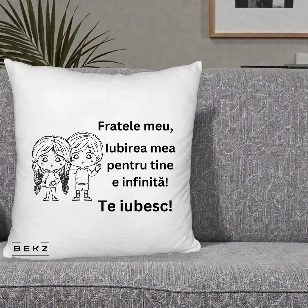 Cadou pentru Frate - Perna Personalizata Fratele Meu Te Iubesc Copii Anime Line Art Negru, 40x40 cm, Alb Pufos, Husa Detasabila, Perna Inclusa, BEKZ®