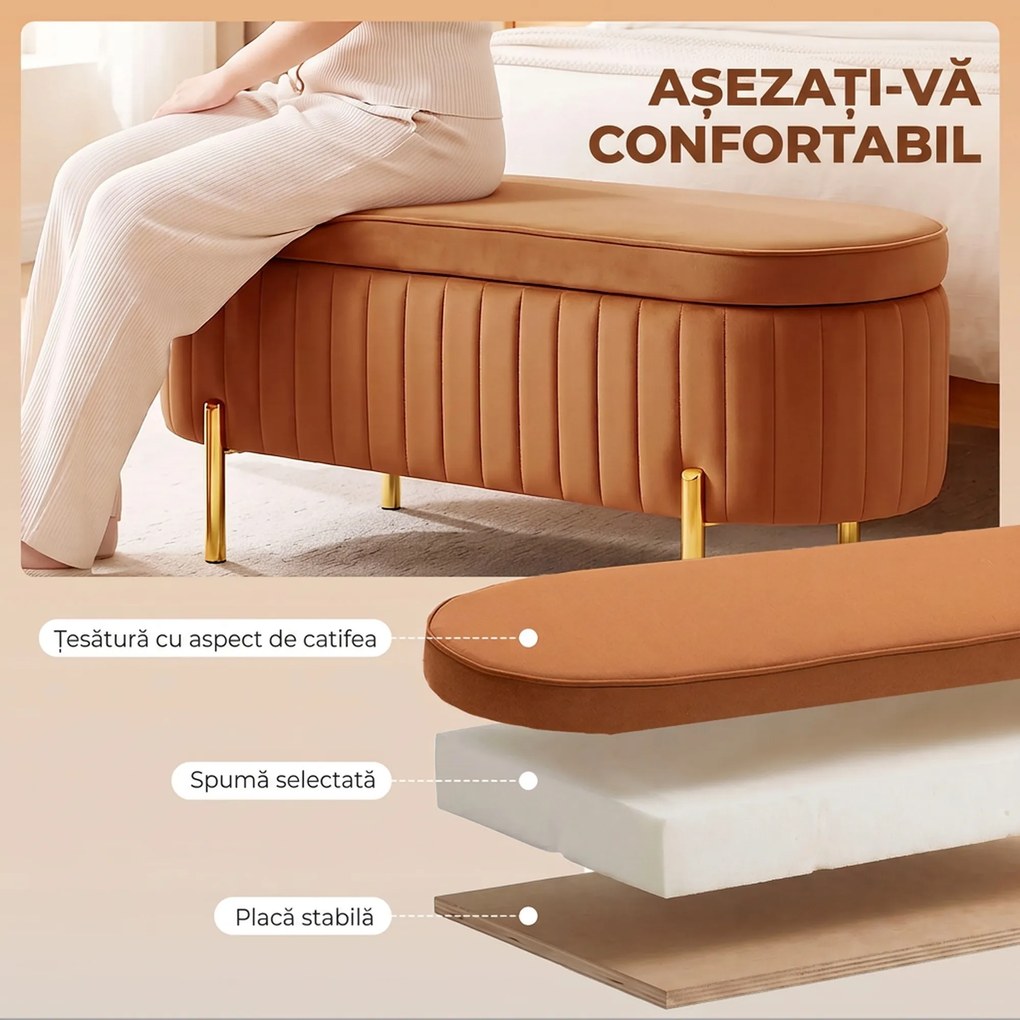 HOMCOM Banchetă Ovală cu Depozitare 72 L, cu Capac Rabatabil, din Material Catifelat și Lemn, 108x44x43,5 cm, Maro Auriu | Aosom Romania