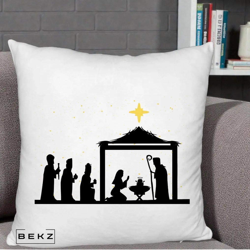 Perna Decorativa Nasterea Pruncului Silueta Neagra si Stea Aurie, 40x40 cm, Alb Pufos, Husa Detasabila, Perna Inclusa, BEKZ®
