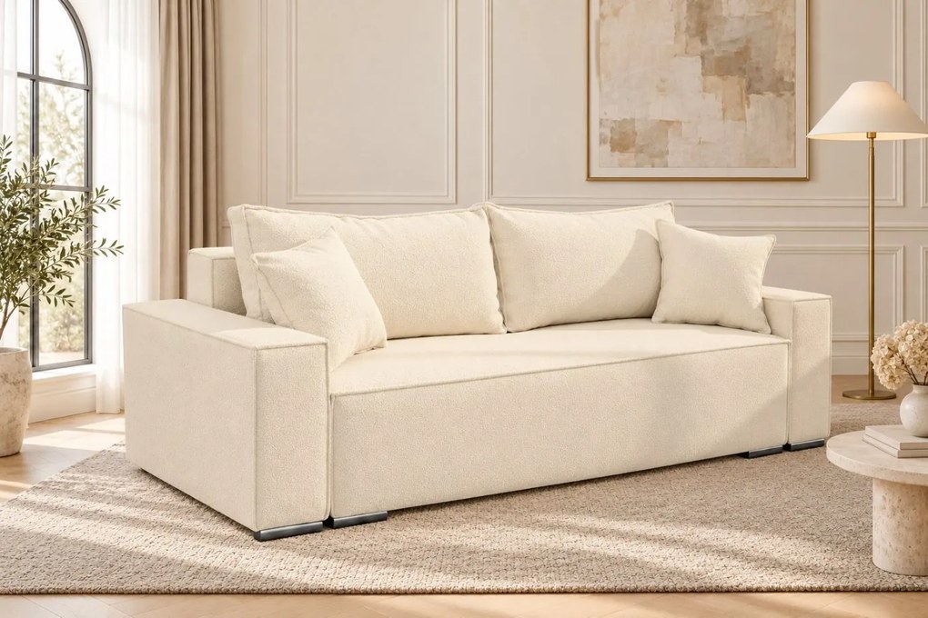 Canapea extensibilă Perla din boucle, crem, cu ladă de depozitare