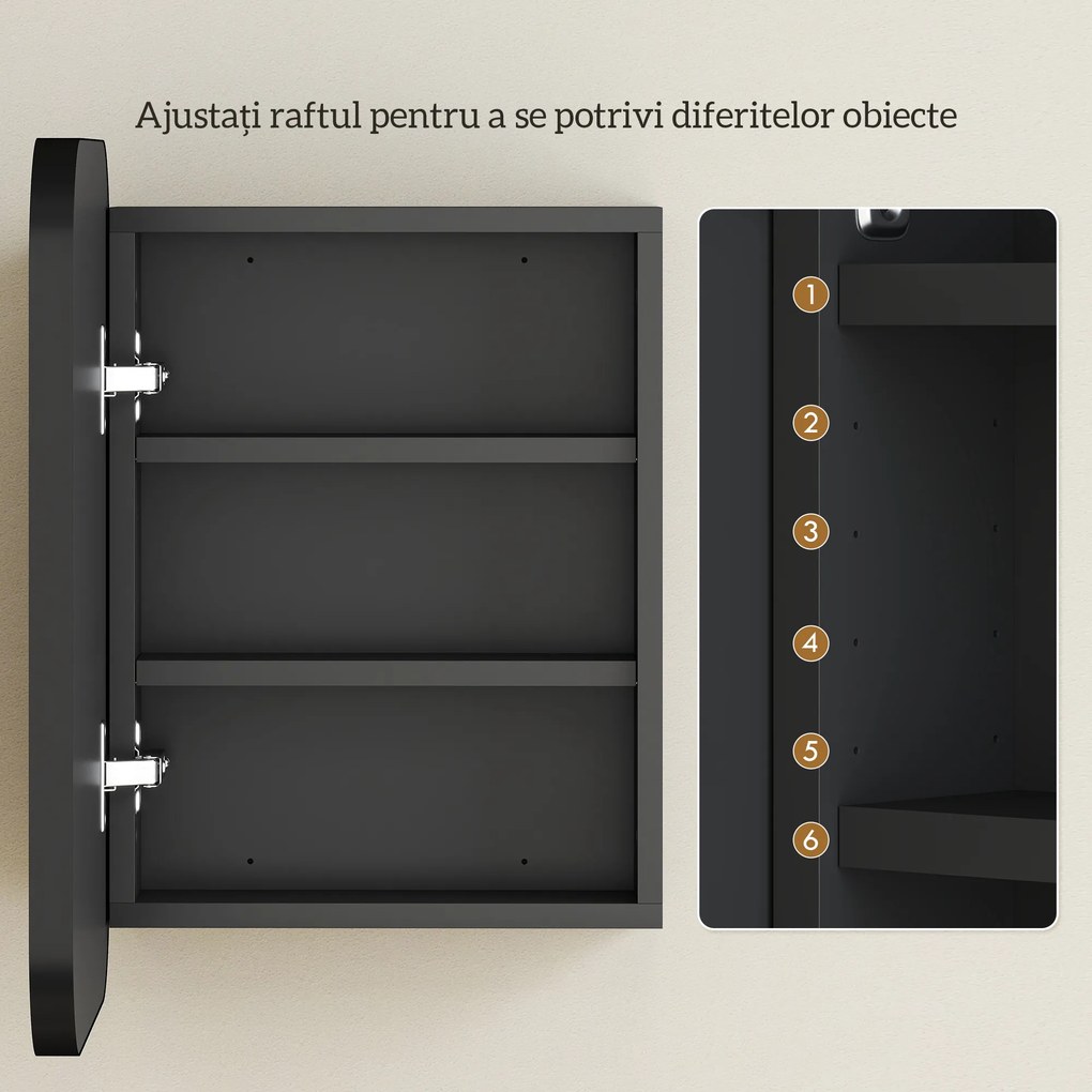 HOMCOM Dulap Baie cu Oglindă și 2 Uși Soft Close, Dulap cu Oglindă, Rafturi Reglabile, Dulap Suspendat Economisire Spațiu din Sticlă, Negru | Aosom Romania