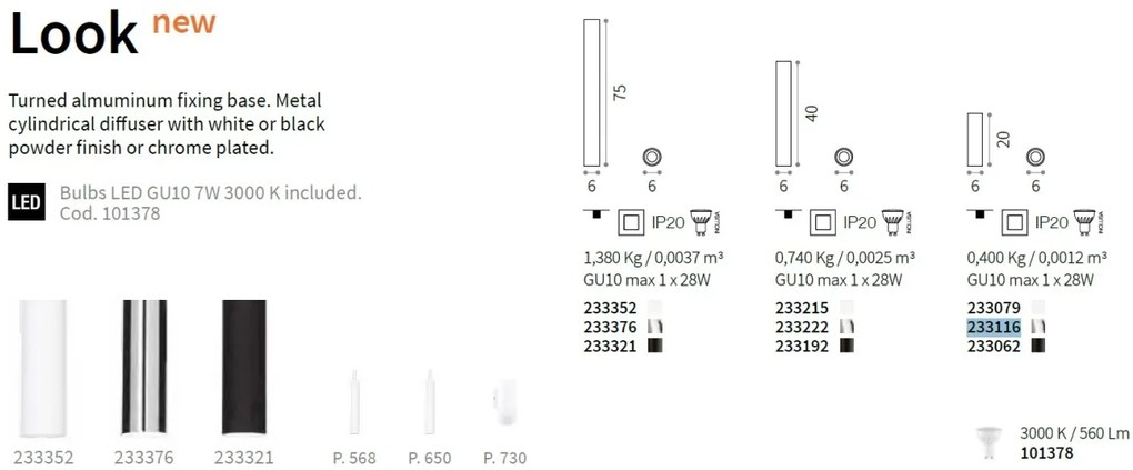 Spot cilindric aplicat LOOK PL1 H20 BIANCO 233079 IDL