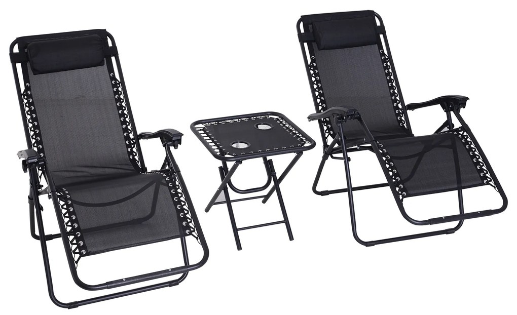 Outsunny Set Mobilier de Gradina 2 Scaune Rabatabil si Masuta Reglabila Pliabila,Tesatura de Textilen, Negru