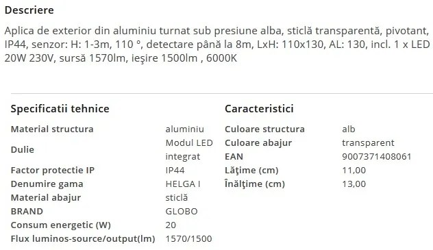Aplica LED de exterior cu senzor de miscare IP44 HELGA I