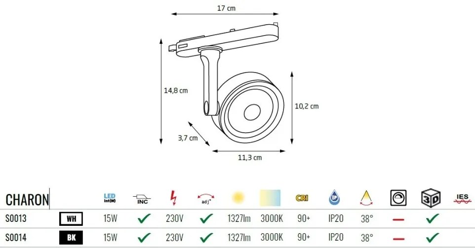 Spot LED directionabil pentru sina trifazata MAXLIGHT, CHARON alb