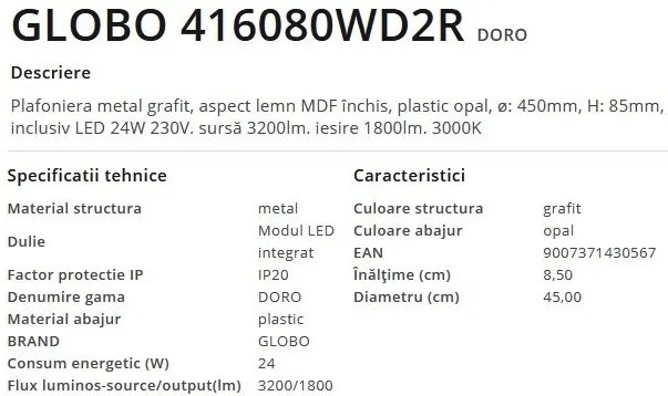 Plafoniera LED cu aspect lemn design slim DORO 45cm, 24W
