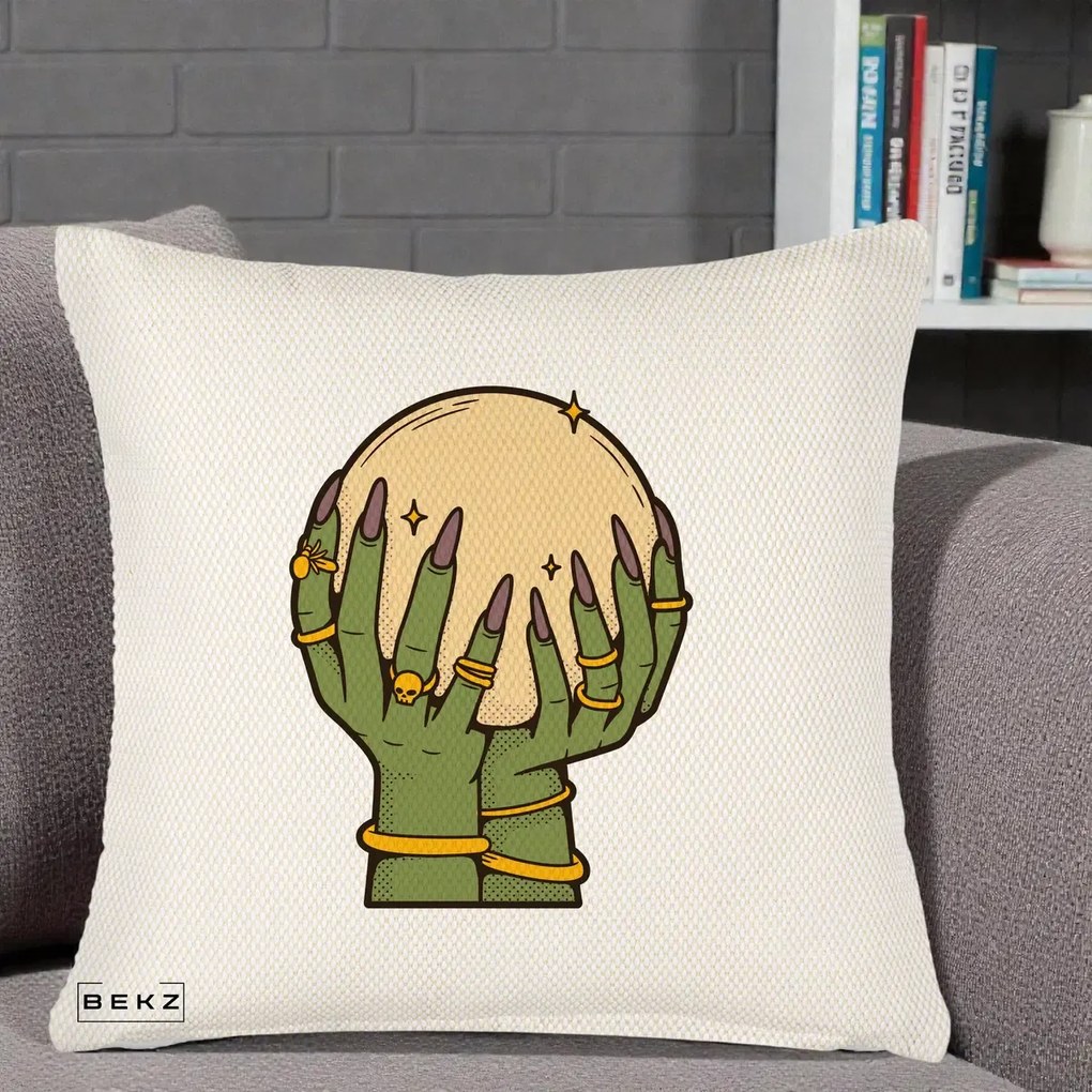 Perna Decorativa Halloween Maini Vrajitoare cu Glob de Cristal, 40x40 cm, Crem Reliefat, Husa Detasabila, Perna Inclusa, BEKZ®