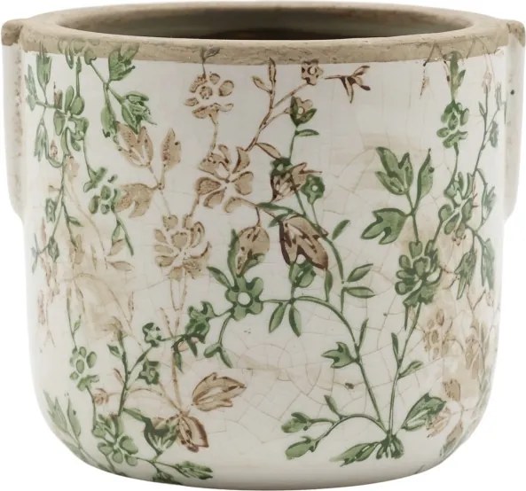 Ghiveci decorativ alb din ceramică antichizată, pictat manual, cu decor floral-vegetal, 13,5x15,5 cm, „Grasse"