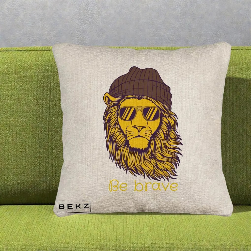 Perna Decorativa Leu Hipster Be Brave, 40x40 cm, Bej Canapea, Husa Detasabila, Perna Inclusa, BEKZ®
