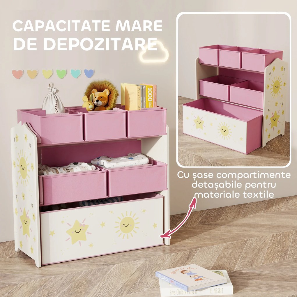 Raft AIYAPLAY pentru Depozitarea Jucăriilor, 3 Niveluri, 6 Cutii Textile Detașabile, Organizator pentru Dormitor, Living și Camera de Joacă, Roz | Aosom Romania