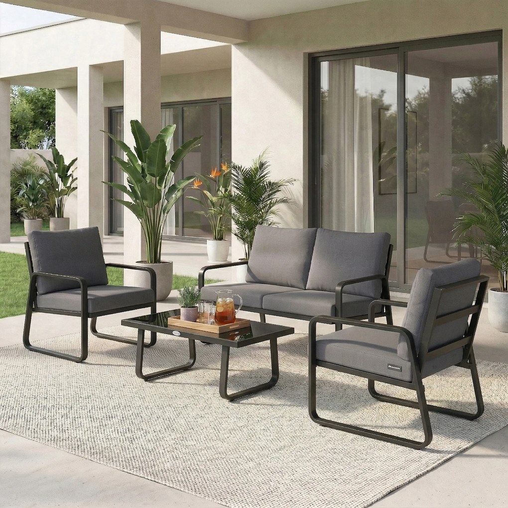 Outsunny Set mobilier de grădină 4 piese cu perne detașabile foarte groase 10 cm masă de cafea din sticlă securizată Negru | Aosom Romania