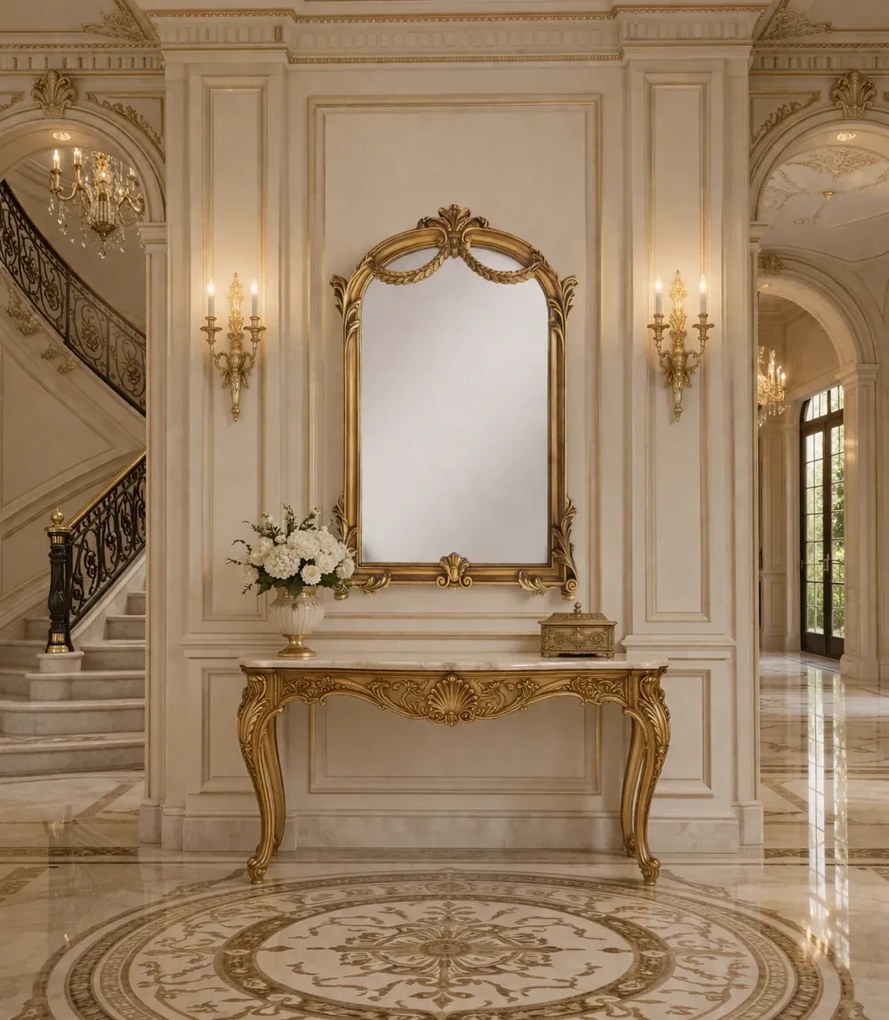 Oglindă decorativă de perete, ramă aurie antichizată, 60x90 cm