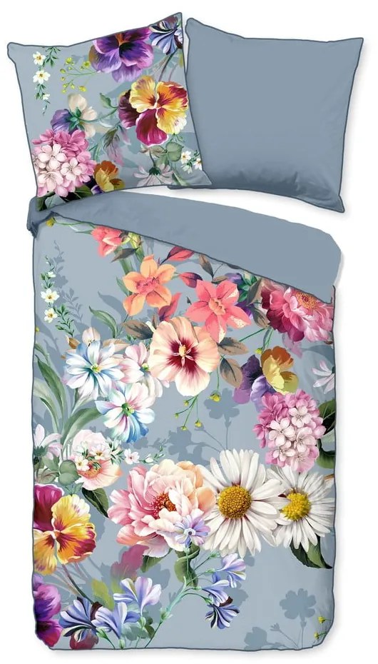 Lenjerie de pat din bumbac organic pentru pat dublu Descanso Sunflower, 200 x 220 cm, gri