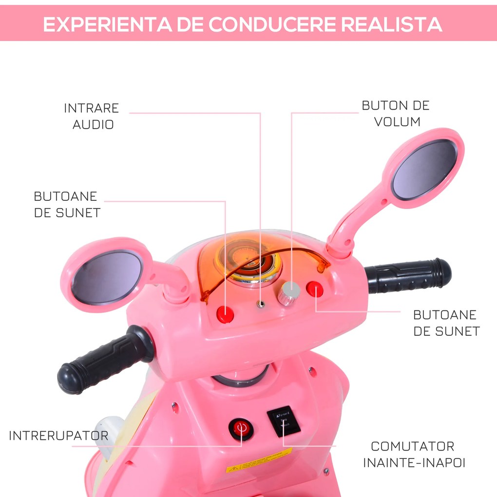 HOMCOM motocicleta electrica copii, tricicleta electrică roz, cu lumini, 6V | Aosom Romania