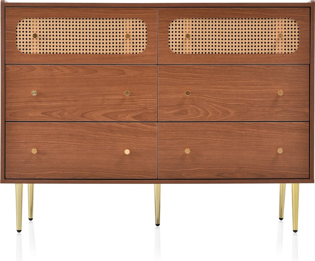 Comodă vintage cu 6 sertare și detalii din ratan, mânere din metal pentru dormitor și living, 120x40x90 cm, Culoare naturală