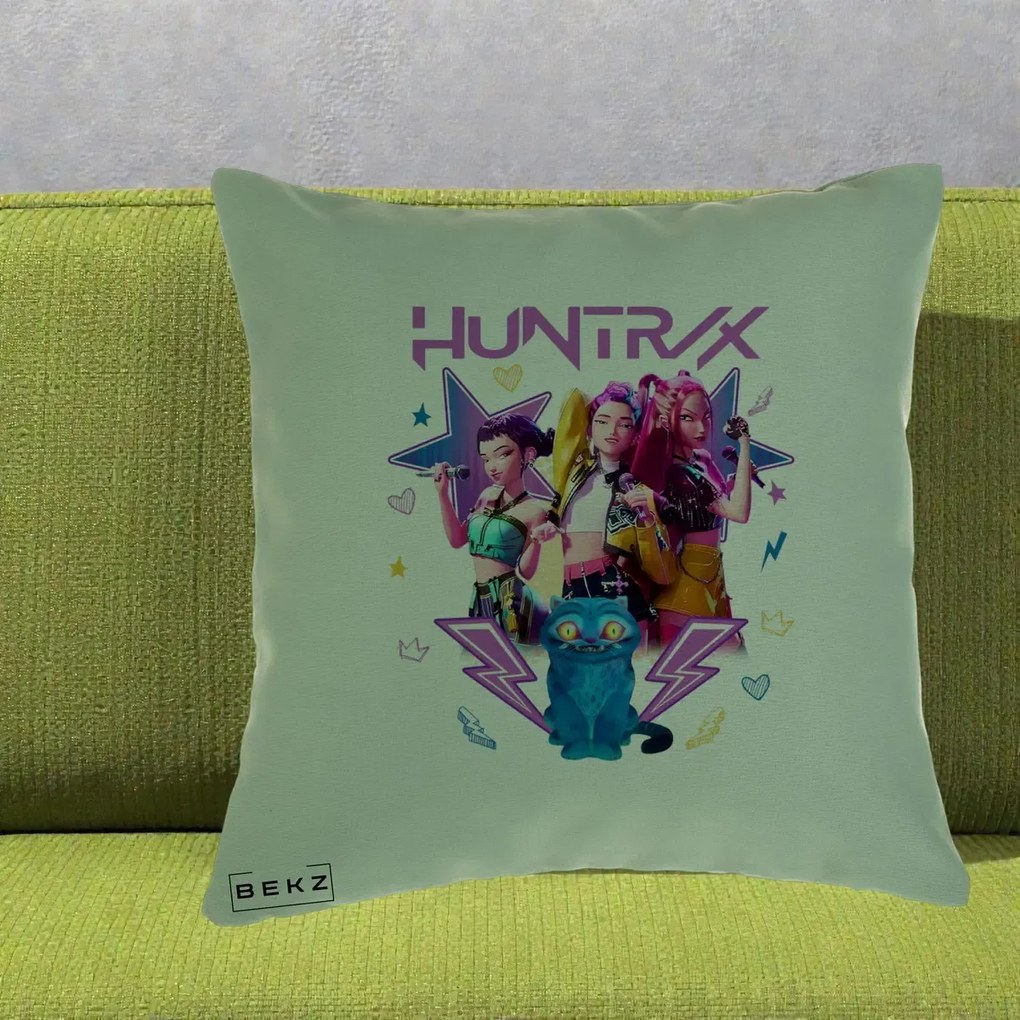 Perna Personalizata K-pop HUNTRX Trio 3D cu Pisica Fulgere, 40x40 cm, Verde, Husa Detasabila, Perna Inclusa, BEKZ®