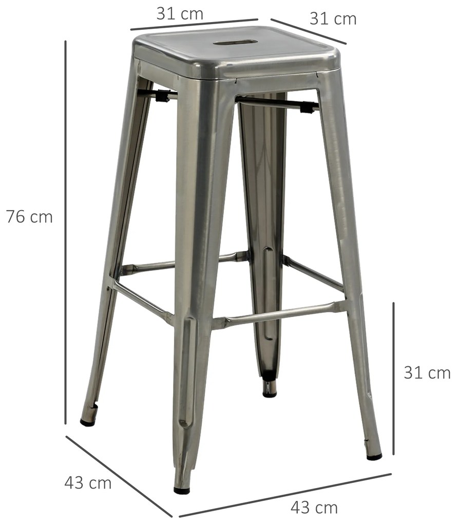 HOMCOM Set de 4 scaune de bar industriale empilabile înălțime șezut 76 cm metal argintiu | Aosom Romania