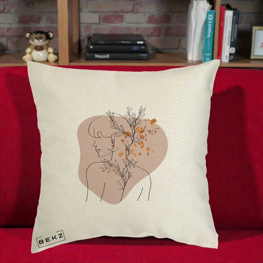 Perna Decorativa Femeie cu Flori Line Art Boho, 40x40 cm, Ecru, Husa Detasabila, Perna Inclusa, BEKZ®