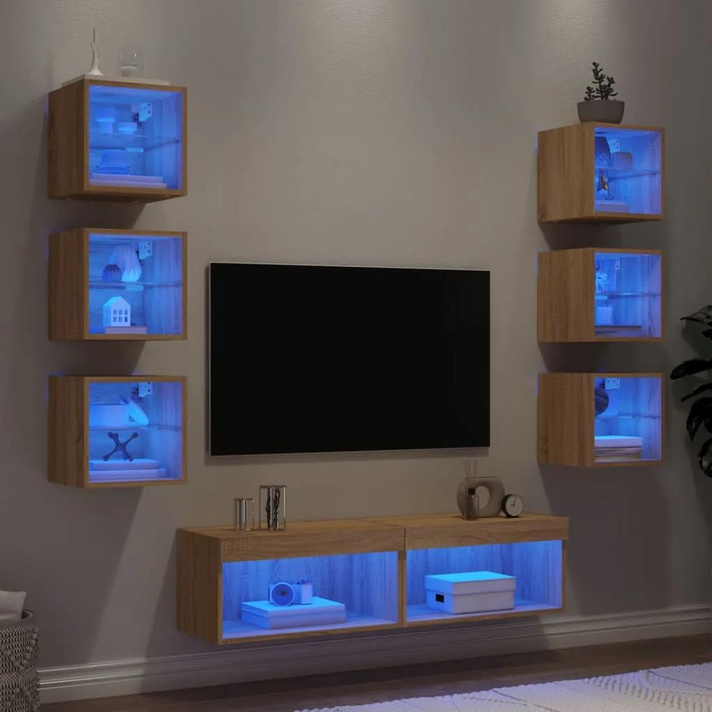 Unitati de perete TV cu LED-uri, 8 piese, stejar sonoma, lemn