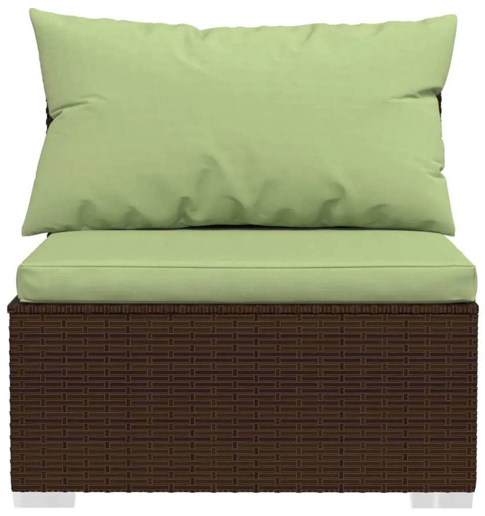Set mobilier de gradina cu perne, 12 piese, maro, poliratan maro si verde, 6x mijloc + 4x colt + suport pentru picioare + masa, 1