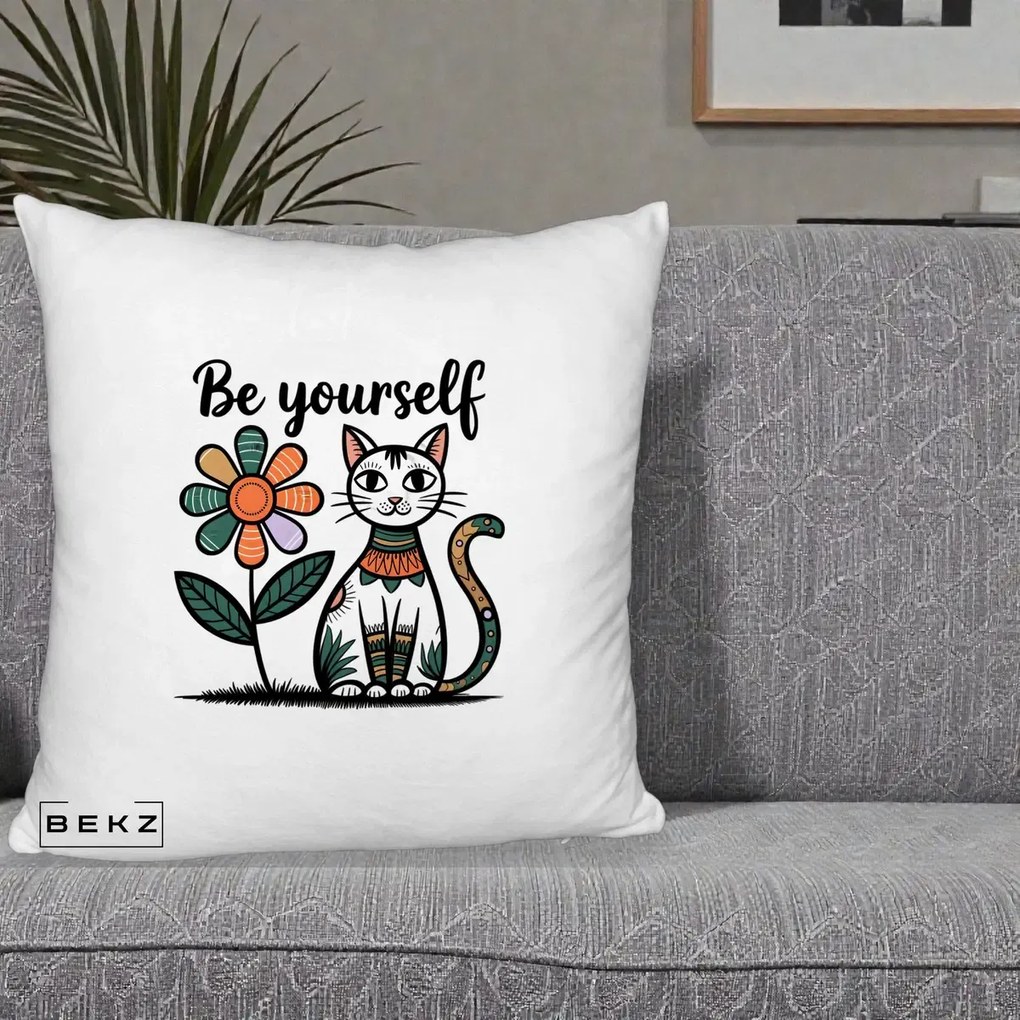 Perna Personalizata Be Yourself Pisica Folk, 40x40 cm, Alb Pufos, Husa Detasabila, Perna Inclusa, BEKZ®