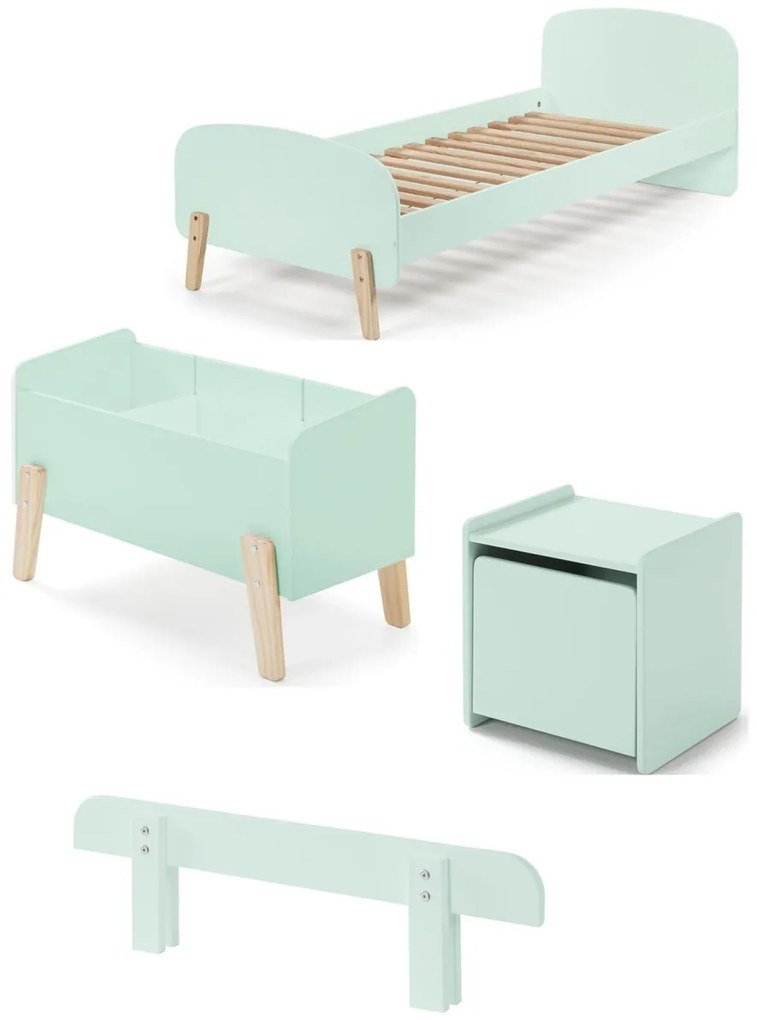 Set KIDDY în verde mentă format dintr-un Pat copii (90x200) cu noptieră, bară de siguranță și cutie de jucării.