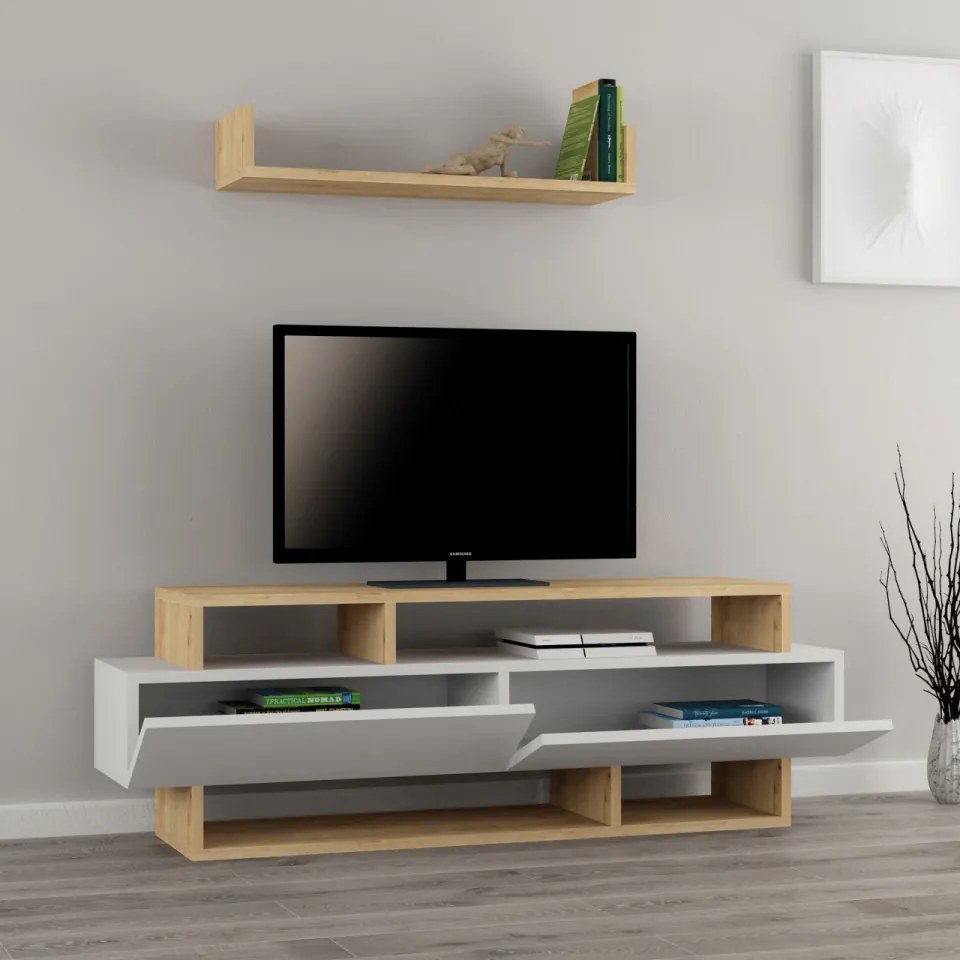 Set Comoda TV si Raft de Perete Rela, Alb / Stejar