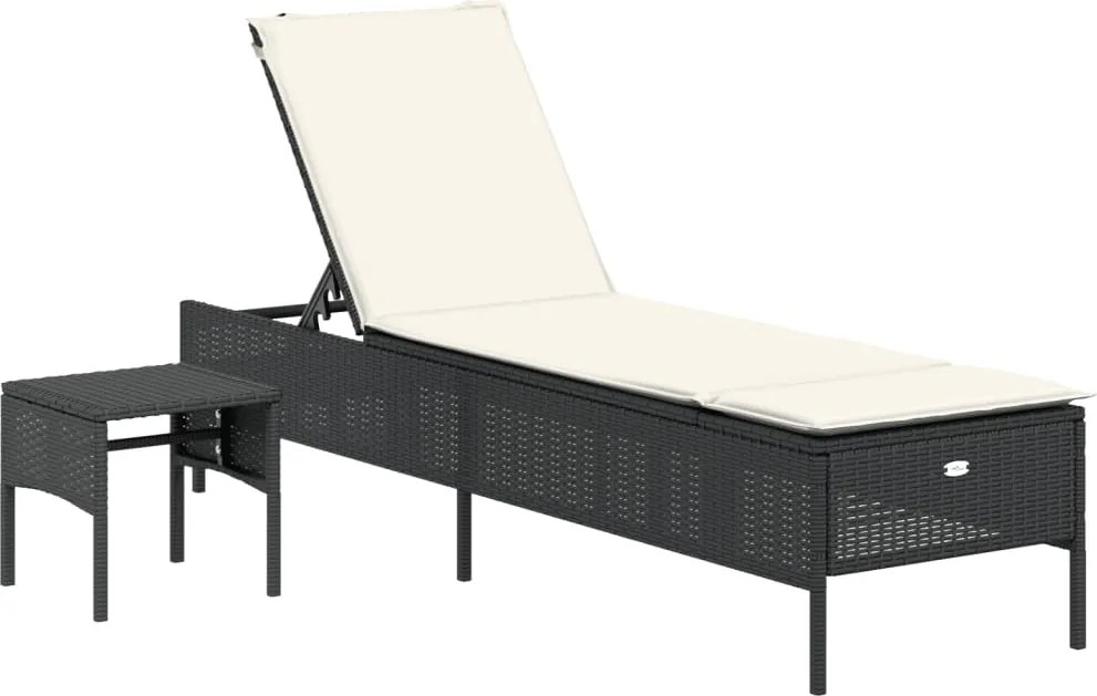 vidaXL Șezlong cu masă și pernă, negru, poliratan