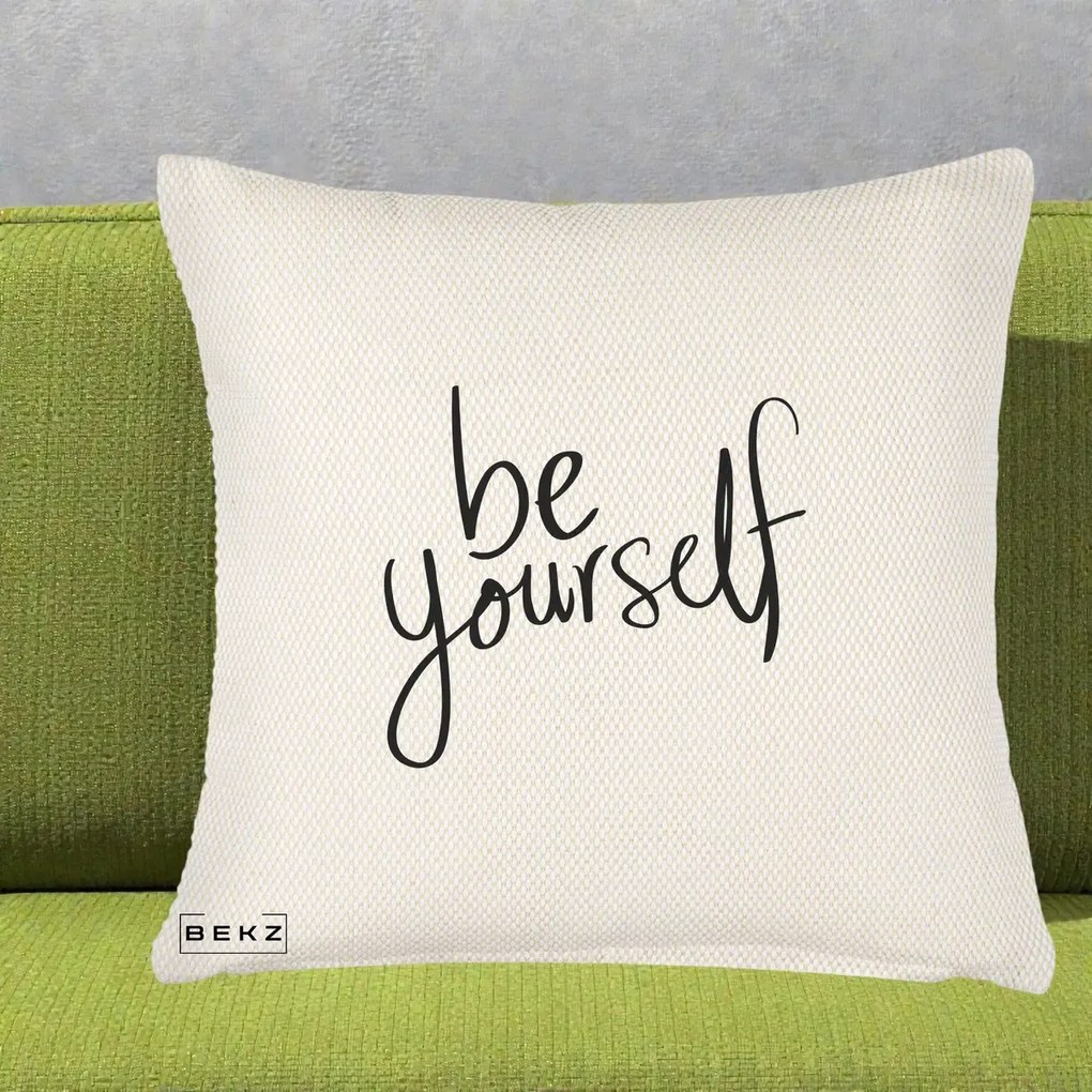 Perna Decorativa Be Yourself Caligrafie Neagra, 40x40 cm, Crem Reliefat, Husa Detasabila, Perna Inclusa, BEKZ®