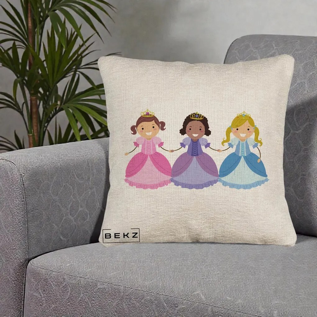 Perna Personalizata Printese Diverse Ilustratie, 40x40 cm, Bej Canapea, Husa Detasabila, Perna Inclusa, BEKZ®