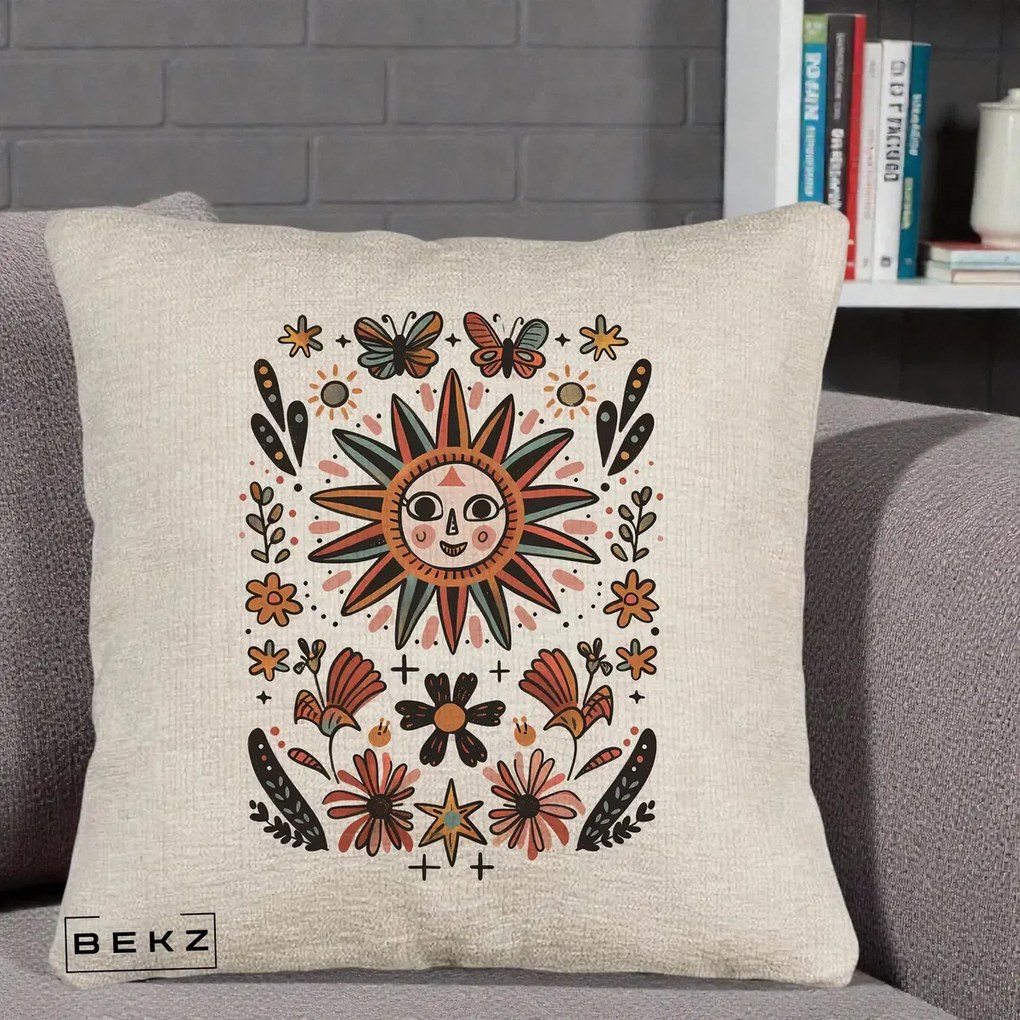 Perna Decorativa Soare Boho Folk Fluturi, 40x40 cm, Bej Canapea, Husa Detasabila, Perna Inclusa, BEKZ®