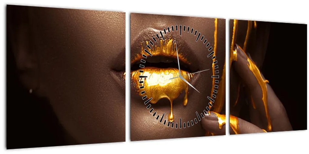 Tablou - Femeie cu buze aurii (cu ceas) (90x30 cm)