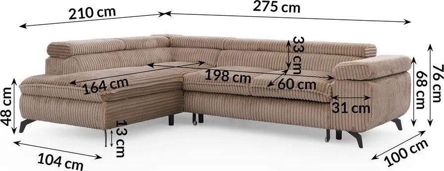 Colțar maro cu tapițerie din catifea reiată (cu colț pe partea stângă/în formă de ”L”) Marbeya – Ropez