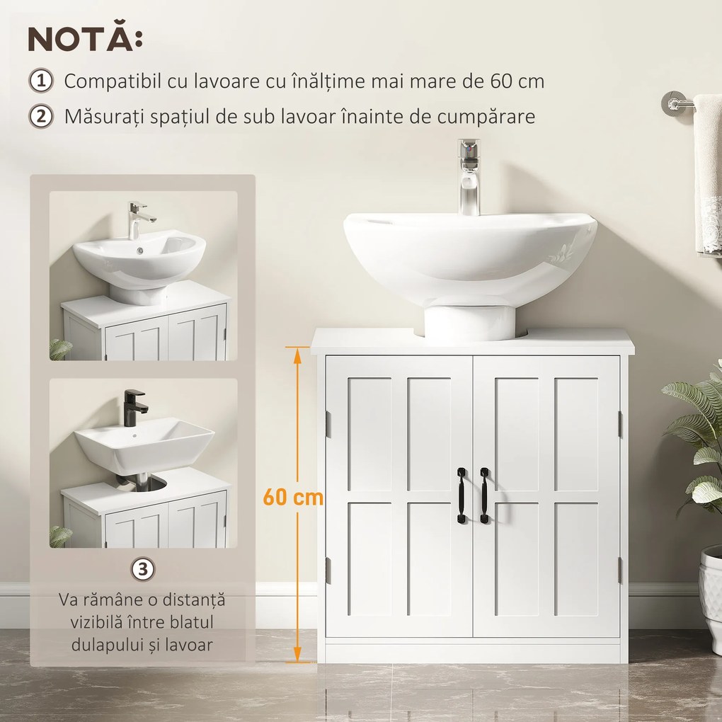 kleankin Dulap pentru Chiuvetă cu Piedestal, Dulap Sub Chiuvetă cu 2 Uși și Raft Reglabil, Dulap de Baie cu Decupaj în Formă de U, Alb | Aosom Romania