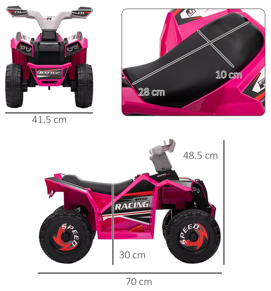 HOMCOM Quad electric pentru copii vehicul cu baterie 6V cu mers înainte și înapoi 70L x 41,5l x 48,5H cm Roz | Aosom Romania