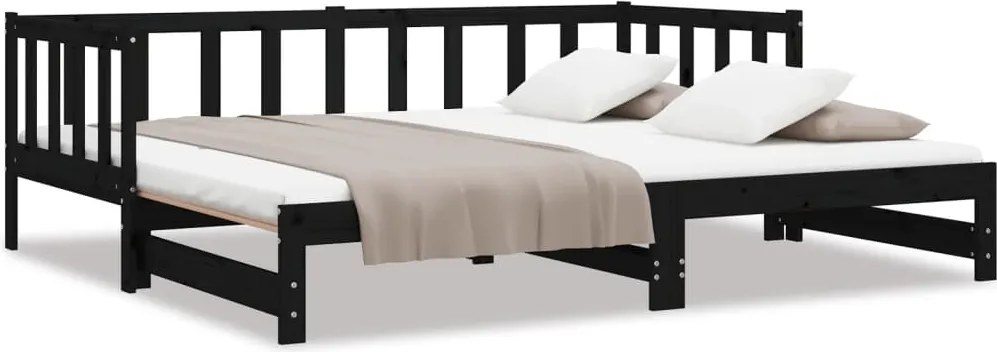 vidaXL Pat de zi extensibil, negru, 2x(90x190) cm, lemn masiv de pin