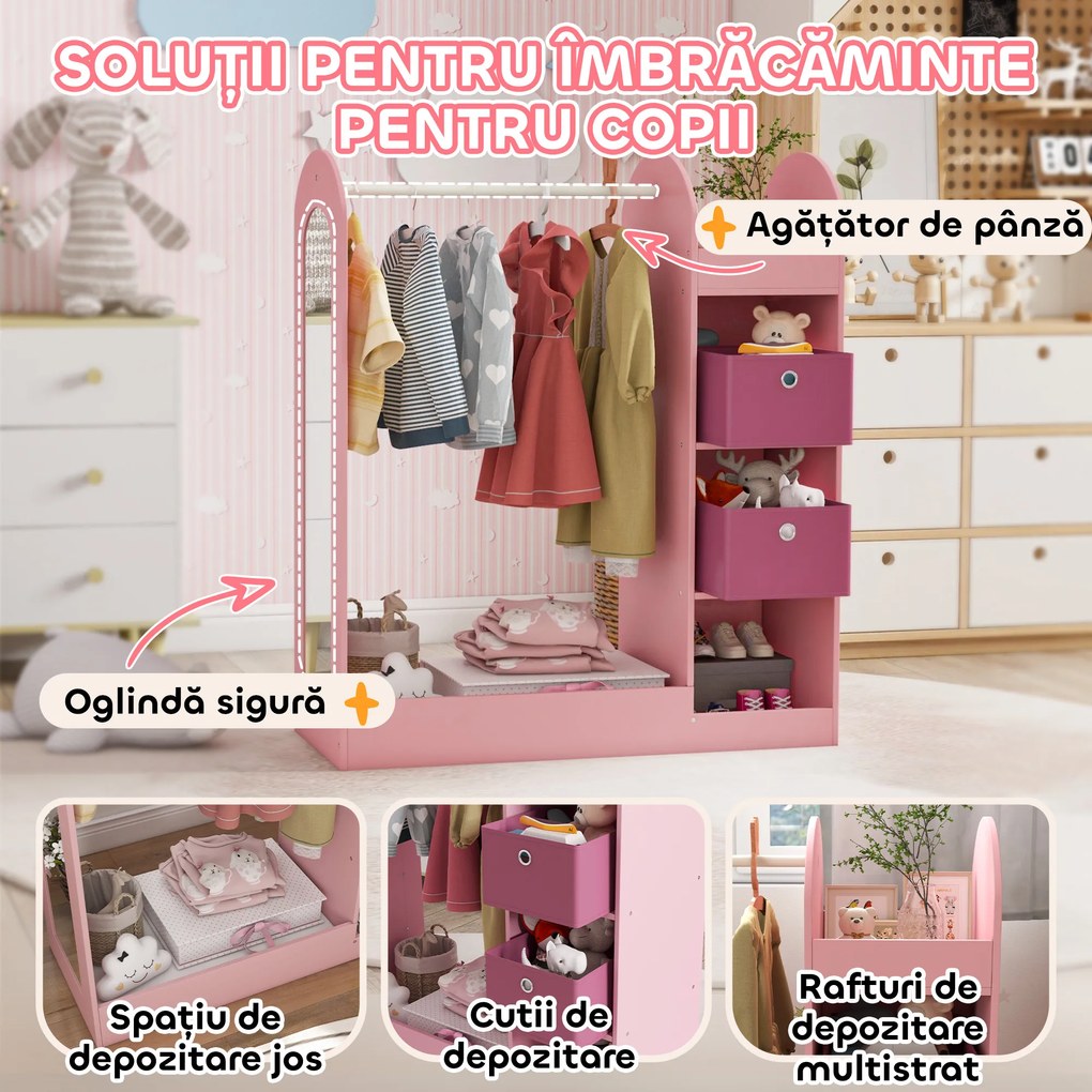 AIYAPLAY Cuier pentru Copii cu Rafturi, Cutii și Oglindă, Mobilier pentru Camera Copilului și Intrare, 92x36x106 cm, Roz | Aosom Romania