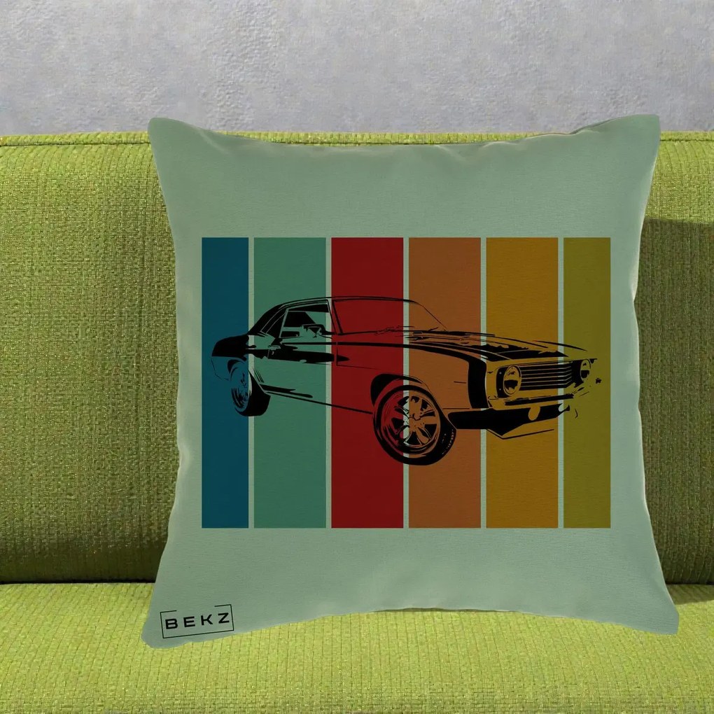 Perna Personalizata Masina Retro Muscle Car Grafic, 40x40 cm, Verde, Husa Detasabila, Perna Inclusa, BEKZ®