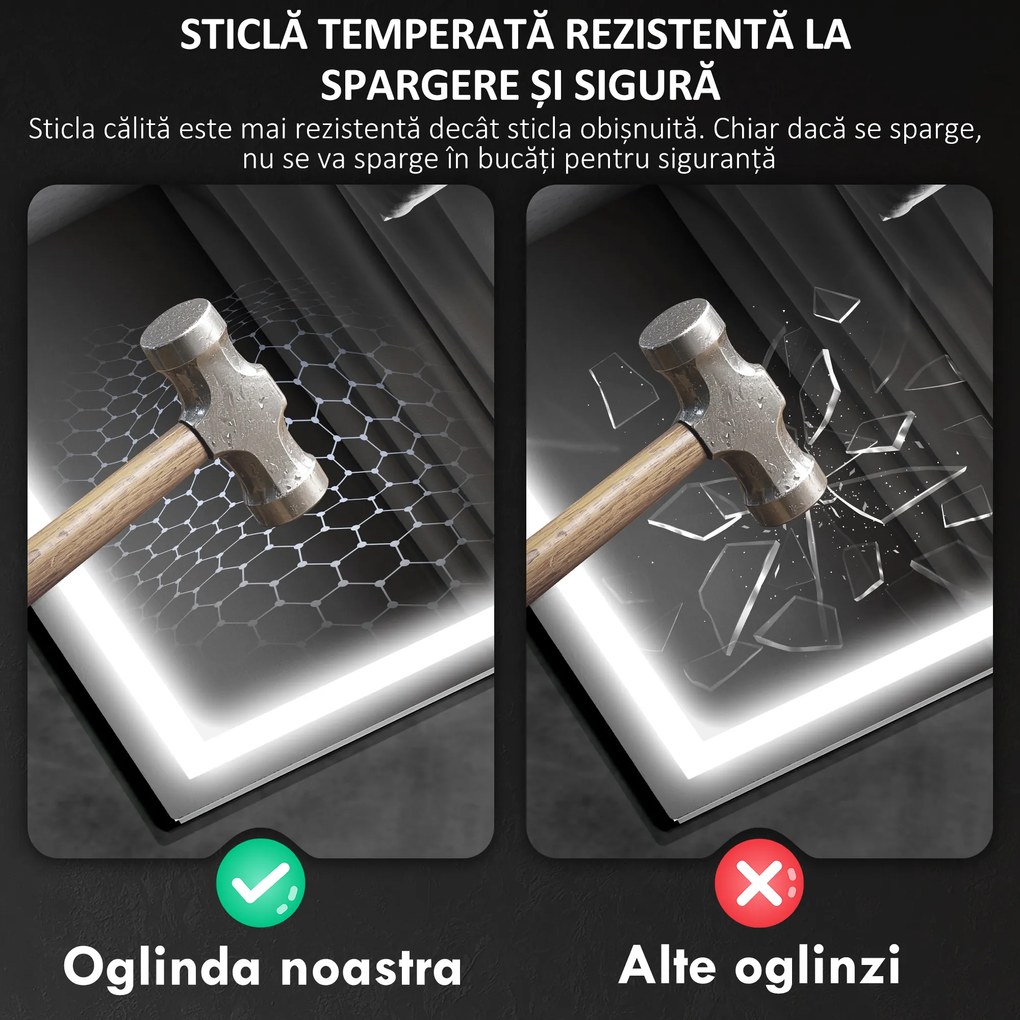 HOMCOM Oglindă Baie Antiaburire cu Lumină LED și Difuzor Bluetooth 50x70 cm | Aosom Romania