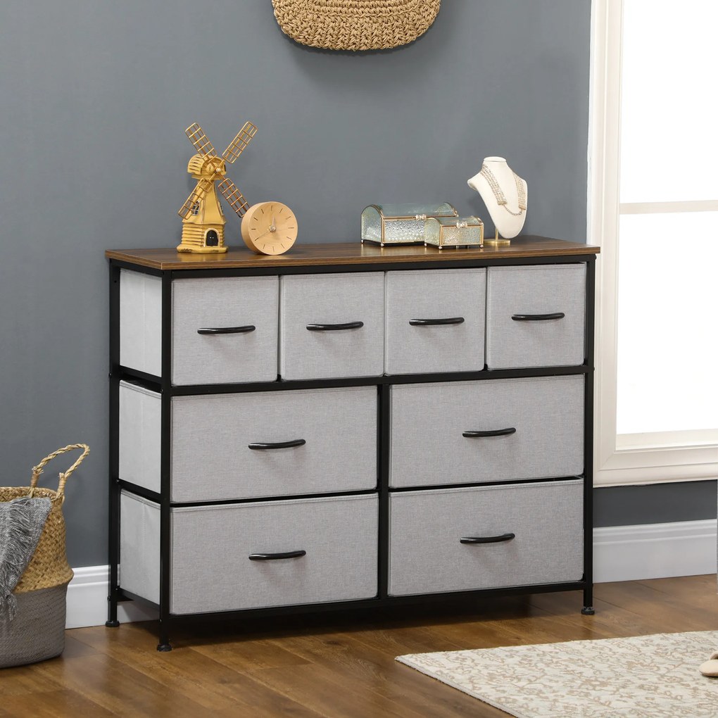 HOMCOM Comodă 8 sertare mobilier de depozitare sertar din material textil pliabil, structură din oțel negru, 100 x 30 x 78 cm | Aosom Romania