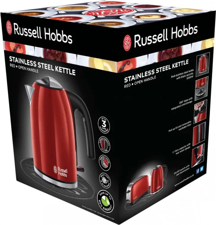 Cana electrica Russell Hobbs Colours Plus Flame Red 20412-70, 2400 W, 1,7 l, Fierbere rapida, Element de incalzire ascuns, Baza rotativa la 360°, Indicator, Rosu