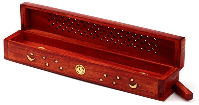 Suport betisoare/conuri tamaie tip cutie cu spatiu de depozitare din lemn de mango - Soare, Luna si Stele